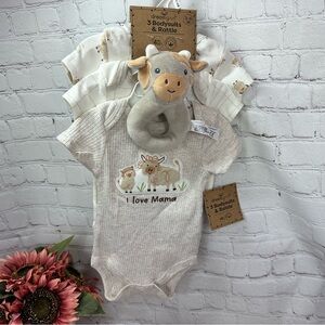 NWT dream gro 3pc infant Bodysuits & Rattle Set gender neutral farm cow ranch